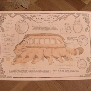 May include: A beige poster with an illustration of a cat bus from the movie "My Neighbor Totoro." The poster is titled "El Gatobus de Totoro" and includes text in Spanish describing the cat bus's features.