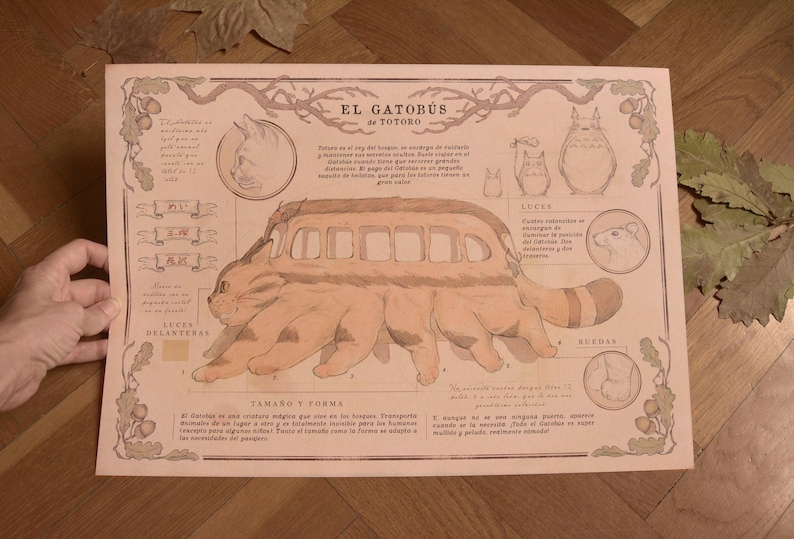 May include: A beige poster with an illustration of a cat bus from the movie "My Neighbor Totoro." The poster is titled "El Gatobus de Totoro" and includes text in Spanish describing the cat bus's features.
