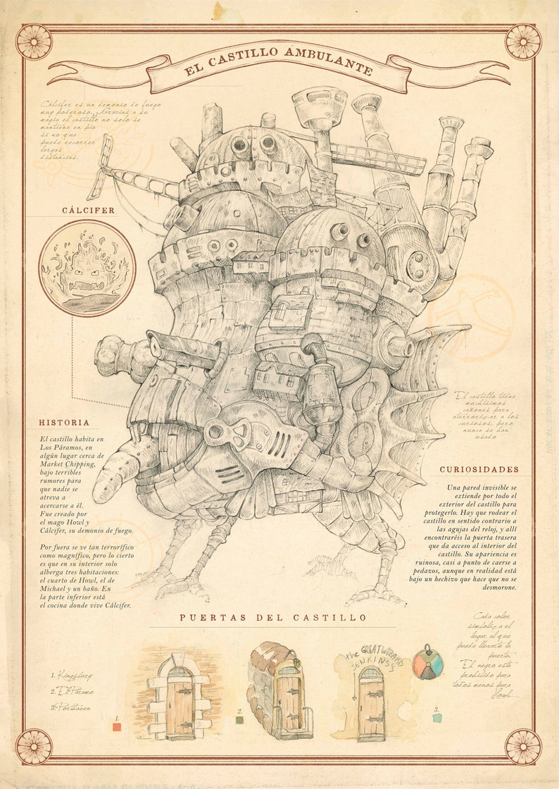 Ilustración a lápiz, grafito y acuarela del mágico castillo del mago Howl. Perteneciente al libro El Castillo Ambulante.