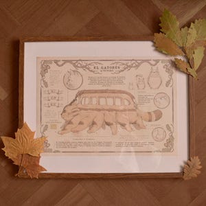 May include: A framed print of a detailed illustration of the Catbus from the animated film "My Neighbor Totoro." The illustration shows the Catbus in its entirety, with its multiple legs and cat-like features. The print is in a brown wooden frame and has a white background.