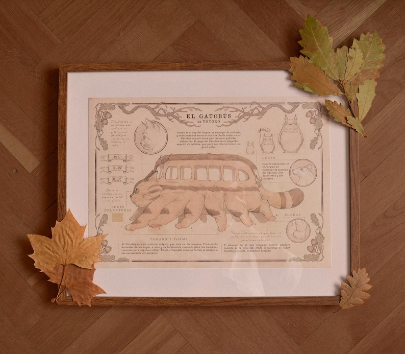 May include: A framed print of a detailed illustration of the Catbus from the animated film "My Neighbor Totoro." The illustration shows the Catbus in its entirety, with its multiple legs and cat-like features. The print is in a brown wooden frame and has a white background.