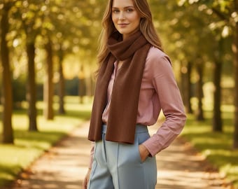 Luxury Chestnut Brown Cashmere Scarf for Women – 100% Pure Cashmere Ribbed Knit, Soft Textured & Warm Fall Winter Wrap, Cozy Classic Gift