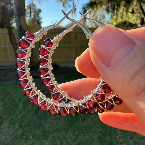 Garnet Hoop Earrings; Wire Wrapped Garnet Hoop Earrings; January Birthstone Earrings; Faceted Garnet Hoop Earrings; Gift for Her;