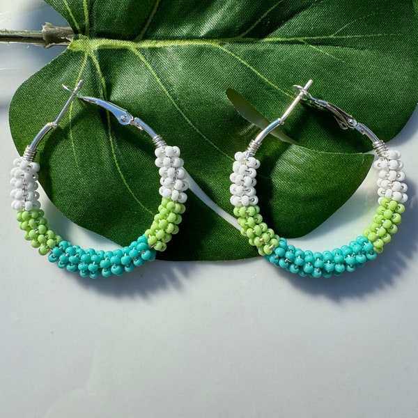 Green Beaded Hoop Earrings; White Beaded Hoop Earrings; Seed Bead Hoop Earrings; Wire Wrapped Beaded Hoop Earrings; Gift for Her;