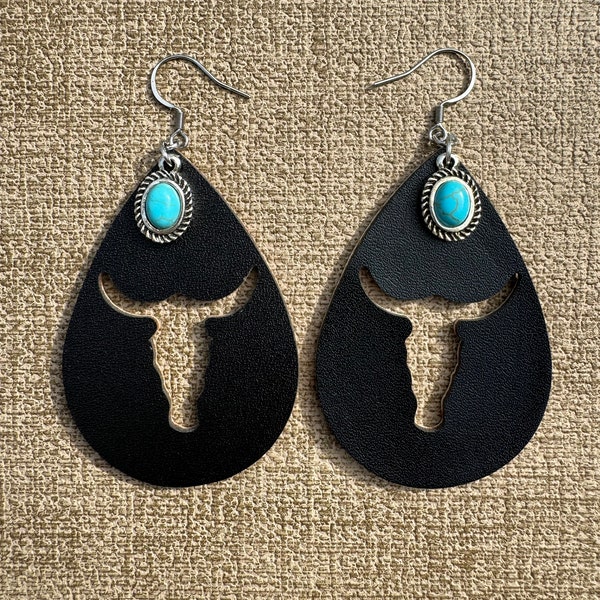 Double Sided Leather Dangle Earrings; Long Horn Earrings; Cowboy Earrings; Tear Drop Leather Earrings;