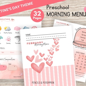 Preschool morning menu printable, homeschool preschool, preschool worksheets, homeschool menu, alphabet printable, Valentines Themed