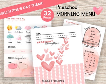 Menú matutino preescolar imprimible, preescolar en casa, hojas de trabajo preescolares, menú de educación en casa, alfabeto imprimible, temática de San Valentín