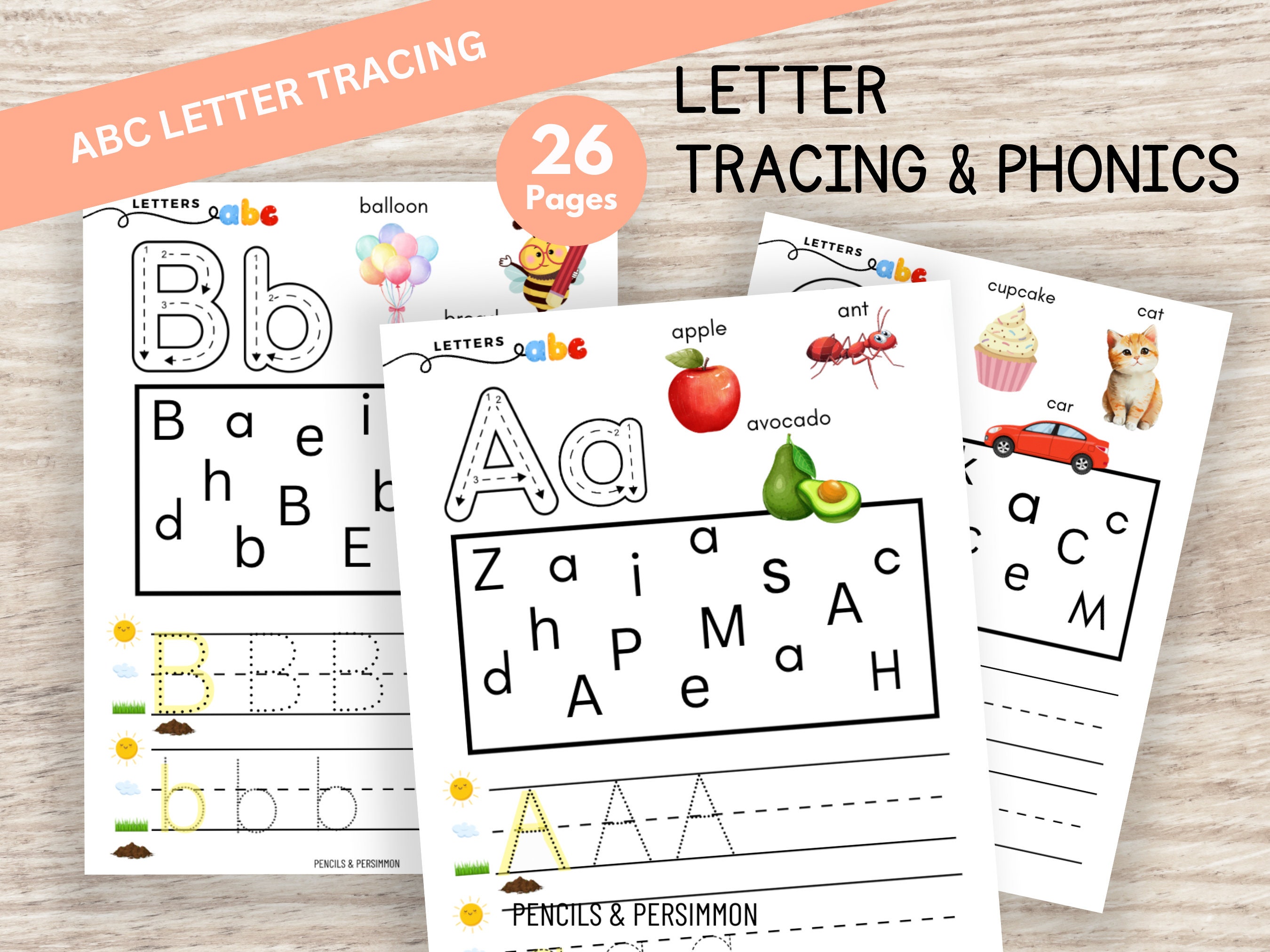 26 ABC Phonics Tracing Sheets. Preschool Kindergarten Handwriting and