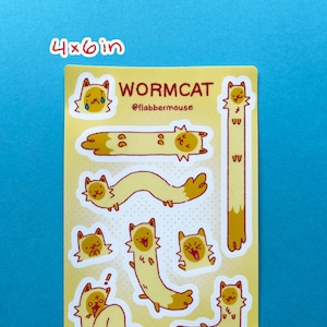 Wormcat Original Mascot Character Sticker Sheets // Cute Funny Silly Cats Original Art 4x6 Waterproof Weatherproof Sticker Sheet