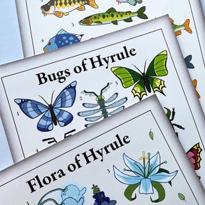 Flora & Fauna of Hyrule Large Art Prints // Pretty Vintage Bugs Flowers Fish Original Art 11x17 Prints