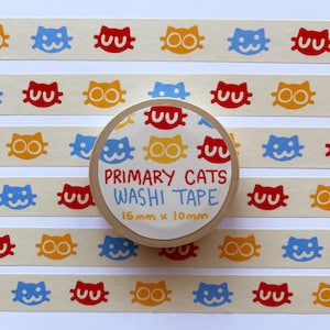 Primary Color Cats Washi Tape // Cute Funny Kitties 15mm x 10m Washi Tape