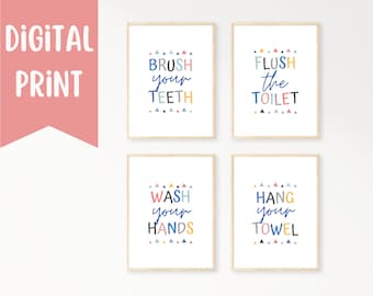 KIDS BATHROOM WALL Art Bundle | Brush Your Teeth Wall Art | Floss Teeth Wall Art | Decor Prints | Kids Bathroom Home Decor | Digital Prints