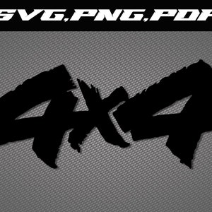 May include: Black and white graphic design of the text "4x4" in a stylized, brushstroke font.