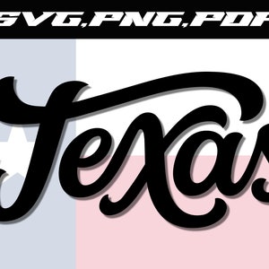 May include: Black and white stylized text that reads "Texas" with a shadow effect. The text is set against a background of the Texas state flag.