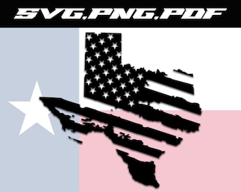Puede incluir: Un diseño de bandera estadounidense desgastado en blanco y negro con la forma del estado de Texas. La bandera se superpone sobre un fondo de la bandera del estado de Texas.