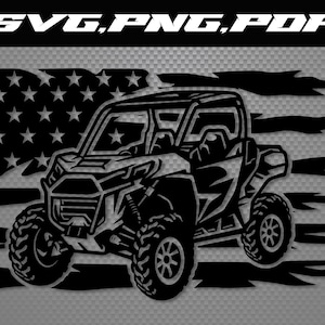 May include: Black and white silhouette of an off-road vehicle with a US flag in the background. The vehicle has a roll cage and four wheels. The flag is tattered and has a distressed look.