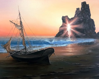 Original Sailboat Oil Painting: Blue Ocean Seascape Wall Art (35.4x27.5 inch)