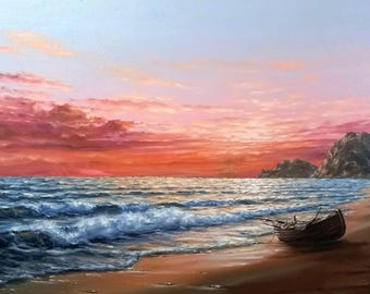 Dipinto a olio di paesaggio marino: onde al tramonto, opera d'arte di una barca (35,4x27,5 pollici)
