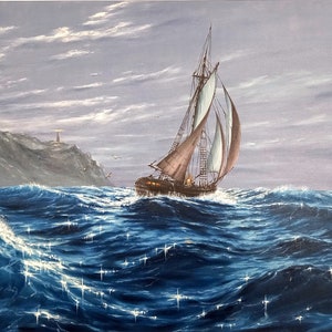Obraz olejny Żaglówka.Pejzaż morski.Impast.Fale oceanu.Do dekoracji domu.Obraz oceanu ze statkiem.Płótno wielkoformatowe, 35 na 47&#39;&#39;