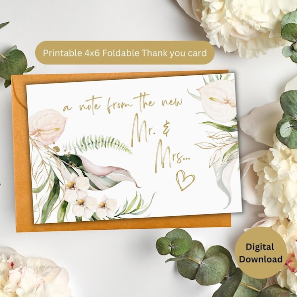 Minimal 4x6 Foldable Wedding Thank You Card| Wedding Thank You Card | Tropical Gold Wedding Card | Minimal Tropical Gold Thank You Card