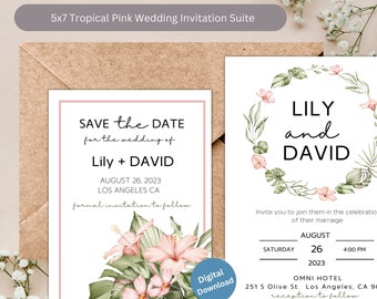 Tropical Pink Wedding Invitation Suite | DIY Digital Download Wedding Invitation Suite | 5x7 Digital Pink and green Wedding invitation Suite
