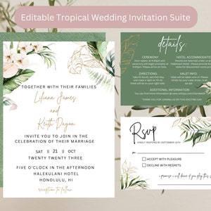 May include: Tropical wedding invitation suite with green and gold foliage, white flowers, and a white background. The invitation includes the couple's names, wedding date, time, and location. The RSVP card includes a green and gold foliage design with a white background. The RSVP card includes the option to accept or decline the invitation.