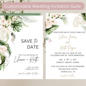 May include: Save the date wedding invitation with tropical floral design. Liliana and Keith are getting married on October 21, 2023 in Honolulu, Hawaii. The invitation features a watercolor illustration of white orchids, green leaves, and gold accents.