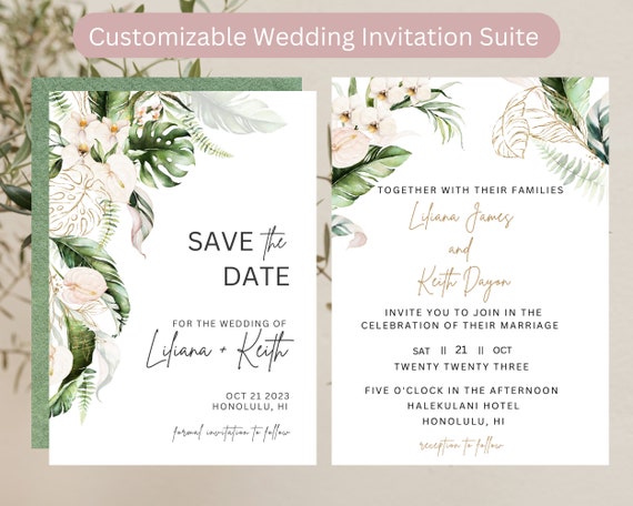 Simple and Elegant Tropical Wedding Invitation Suite | Tropical Wedding Invitation Suite| Customizable Tropical Wedding Invitation Suite