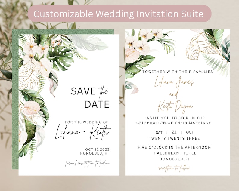 May include: Save the date wedding invitation with tropical floral design. Liliana and Keith are getting married on October 21, 2023 in Honolulu, Hawaii. The invitation features a watercolor illustration of white orchids, green leaves, and gold accents.