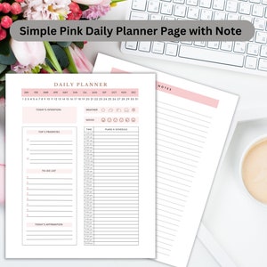 May include: A pink and white daily planner page with the text "DAILY PLANNER" and the text "Simple Pink Daily Planner Page with Note". The planner includes sections for intentions, weather, mood, and a schedule.