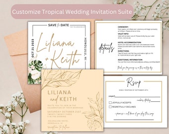 Minimal Modern Tropical Wedding Invitation 6x6 | Simple Tropical Wedding Invitation Suite| Customizable Tropical Wedding Invitation Suite