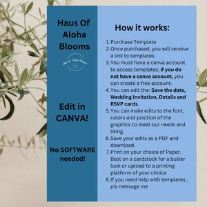 May include: A blue and white graphic with the text "Haus Of Aloha Blooms" and "Edit in CANVA!"  The graphic also includes the text "No SOFTWARE needed!" and instructions on how to use the templates.