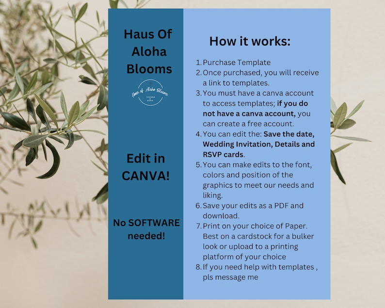 May include: A blue and white graphic with the text "Haus Of Aloha Blooms" and "Edit in CANVA!"  The graphic also includes the text "No SOFTWARE needed!" and instructions on how to use the templates.