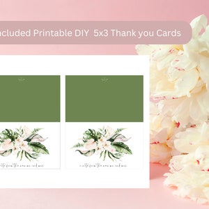 May include: Two printable DIY thank you cards with a green background and a floral design. The cards feature a watercolor illustration of white flowers and green leaves. The text on the cards reads "with love from the one we love".