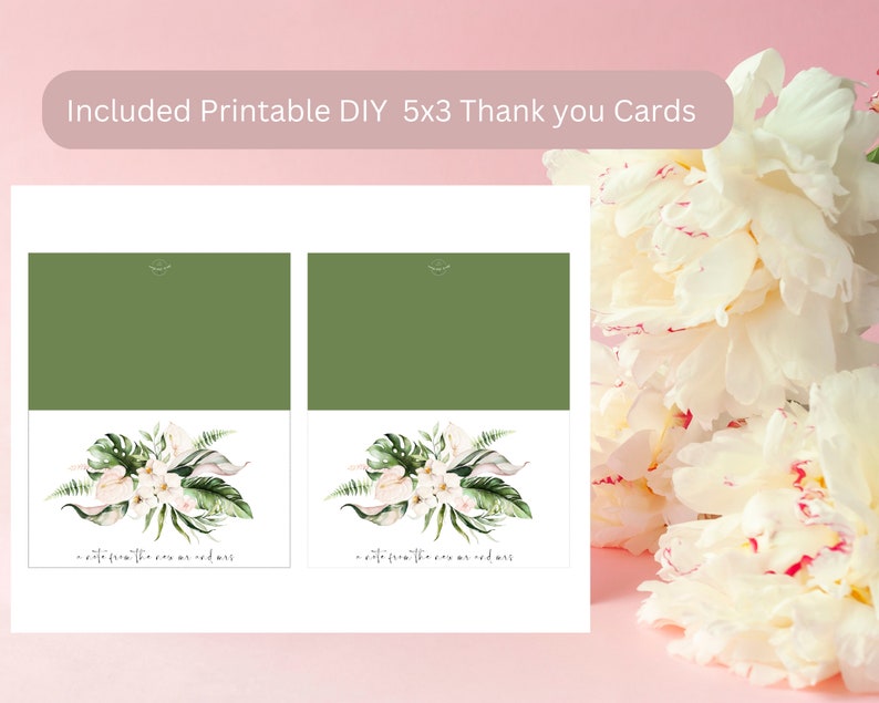 May include: Two printable DIY thank you cards with a green background and a floral design. The cards feature a watercolor illustration of white flowers and green leaves. The text on the cards reads "with love from the one we love".