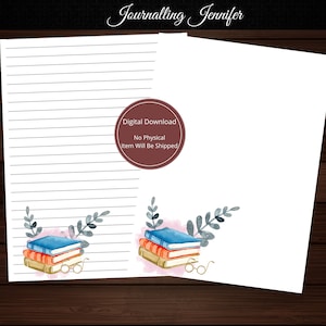 Printable Watercolor Stack of Books Writing Notepaper Stationery Lined and Unlined Paper 8.5” x 11” Digital Download