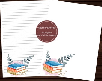 Printable Watercolor Stack of Books Writing Notepaper Stationery Lined and Unlined Paper 8.5” x 11” Digital Download