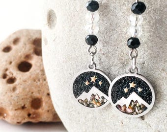 Mountain & Stars, *licensed* ACOTAR Velaris dangle earrings - made with sand from around the world!