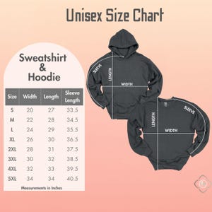 Puede incluir: Una tabla de tallas unisex para sudaderas y sudaderas con capucha. La tabla incluye medidas en pulgadas para el ancho, largo y largo de manga, desde la talla S hasta la 5XL. La imagen tambi&eacute;n muestra una sudadera con capucha y una sudadera gris oscuro.