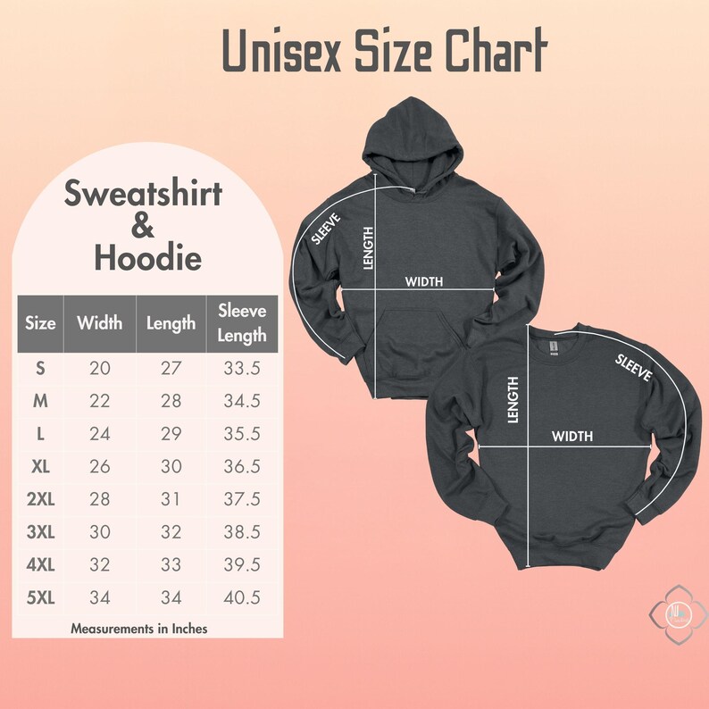 Puede incluir: Una tabla de tallas unisex para sudaderas y sudaderas con capucha. La tabla incluye medidas en pulgadas para el ancho, largo y largo de manga, desde la talla S hasta la 5XL. La imagen tambi&eacute;n muestra una sudadera con capucha y una sudadera gris oscuro.