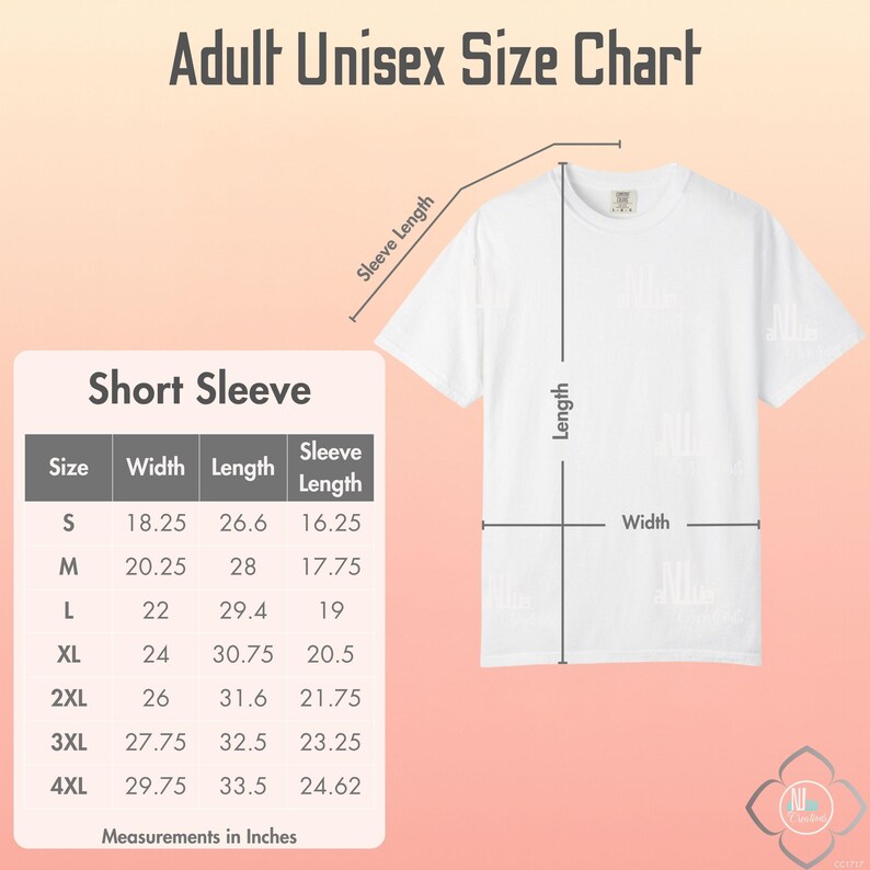 Puede incluir: Camiseta blanca de manga corta con una tabla de tallas. La tabla muestra las medidas en pulgadas de ancho, largo y largo de manga para las tallas S a 4XL. El texto "Adult Unisex Size Chart" est&aacute; en la parte superior.