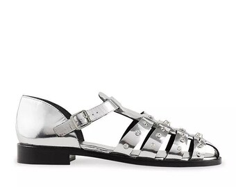 NEW Size 40 Olyma Studded Metallic Caged Fisherman Sandals - Silver/ Gold