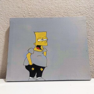 May include: A hand-painted canvas featuring a cartoon character with yellow skin, a blue shirt, and black pants. The character has a mischievous expression and is standing on a gray background.
