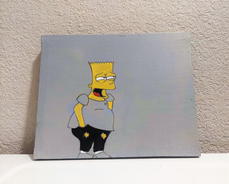 May include: A hand-painted canvas featuring a cartoon character with yellow skin, a blue shirt, and black pants. The character has a mischievous expression and is standing on a gray background.