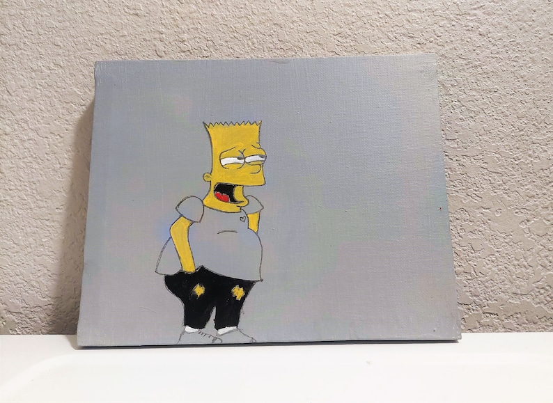 May include: A hand-painted canvas featuring a cartoon character with yellow skin, a mischievous grin, and a gray shirt and black pants. The background is a light gray.