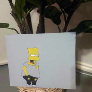 May include: A hand-painted canvas featuring a cartoon character with yellow skin, black hair, and a gray shirt. The character is standing with a slightly surprised expression.