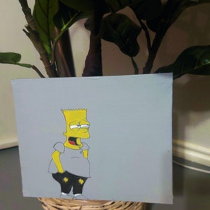 May include: A hand-painted canvas featuring a cartoon illustration of Bart Simpson from The Simpsons. Bart is depicted in a grey shirt, black pants, and yellow skin. The background is a light grey.