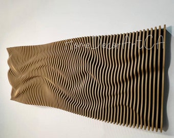 May include: A wall-mounted wooden sculpture with a wavy, flowing design. The sculpture is made of thin, vertical strips of wood that are arranged in a pattern of waves. The sculpture is painted in a light brown color.