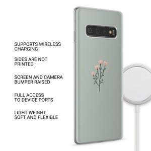 May include: A light green phone case with a floral design. The case is compatible with wireless charging and has a raised bumper to protect the screen and camera.