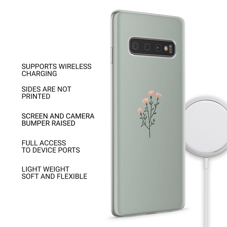 May include: A light green phone case with a floral design. The case is compatible with wireless charging and has a raised bumper to protect the screen and camera.